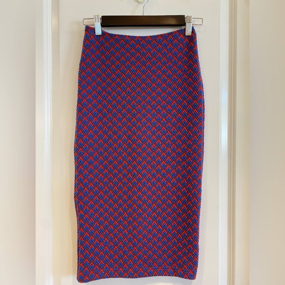 Flattering American Apparel Red and Blue Midi Bodycon Skirt with Slit